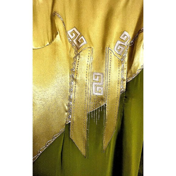 Asian Chinese Long Maxi Sheer Cocktail Dress Size S Green Metallic Silver - Picture 8 of 15